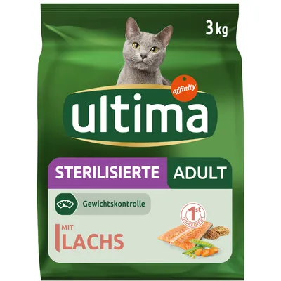 Ultima Sterilisierte Adult hrana za mačke, 3 kg, kontrola težine, s lososom. Prikaz slike lososa i povrća na pakiranju. Tekst: Gewichts­kontrolle, Mit Lachs, 1st Ingredient.