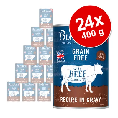 Butcher's Grain Free with Beef & Garden Veg Recipe in Gravy, 24 x 400 g burkar. Text: Supporting Farmers, With Gravy. Brittisk flagga synlig på förpackningen.