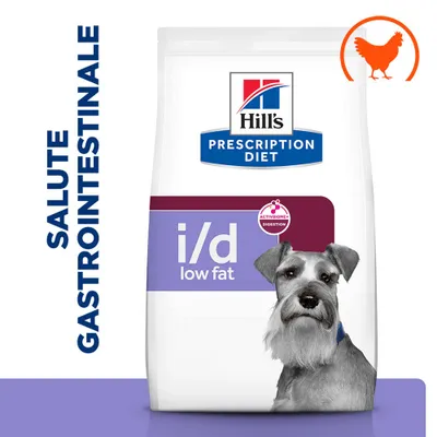 Hill's Prescription Diet i/d basso contenuto di grassi con pollo, ActivBiome+ Digestion. Testo: SALUTE GASTROINTESTINALE. Immagine di un cane sulla confezione.