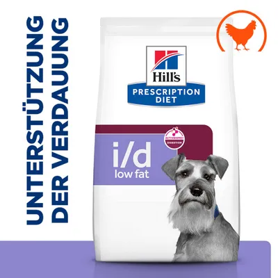 Hill's Prescription Diet i/d low fat mit Huhn, Unterstützung der Verdauung, ActivBiome+ Digestion, Abbildung eines Hundes auf der Verpackung.