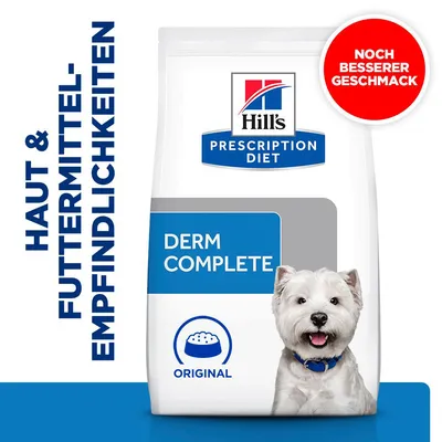 Hill's Prescription Diet Derm Complete Original, texte allemand : Haut & Futtermittel-Empfindlichkeiten, Noch besserer Geschmack, photo d’un chien blanc sur l’emballage.