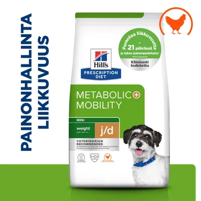 Hill's Prescription Diet Metabolic + Mobility Mini paino j/d, parantaa liikkuvuutta 21 päivässä, kliinisesti testattu, sisältää kanaa. Eläinlääkärien suosittelema. Hill's Prescription Diet Metabolic + Mobility Mini paino j/d, parantaa liikkuvuutta 21 päivässä, kliinisesti testattu, sisältää kanaa. Eläinlääkärien suosittelema.