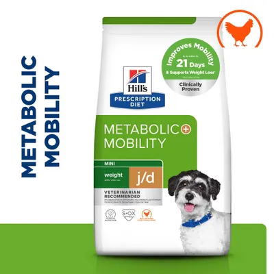 Hill's Prescription Diet Metabolic + Mobility Mini weight j/d, improves mobility in 21 days, clinically proven, recommended by veterinarians, chicken symbol visible. Hill's Prescription Diet Metabolic + Mobility Mini weight j/d, improves mobility in 21 days, clinically proven, recommended by veterinarians, chicken symbol visible.