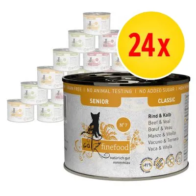 catz finefood Senior Classic våtfoder för katt, Rind & Kalb, 24-pack burkar. Text: grain free, no animal testing, no added sugar. Synliga certifieringssymboler på förpackningen.
