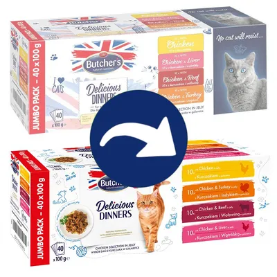 Butcher's Delicious Dinners Jumbo Pack, 40 x 100 g, Huhn in Gelee, Sorten: Chicken, Chicken & Liver, Chicken & Beef, Chicken & Turkey. Für Katzen. Butcher's Delicious Dinners Jumbo Pack, 40 x 100 g, Huhn in Gelee, Sorten: Chicken, Chicken & Liver, Chicken & Beef, Chicken & Turkey. Für Katzen.