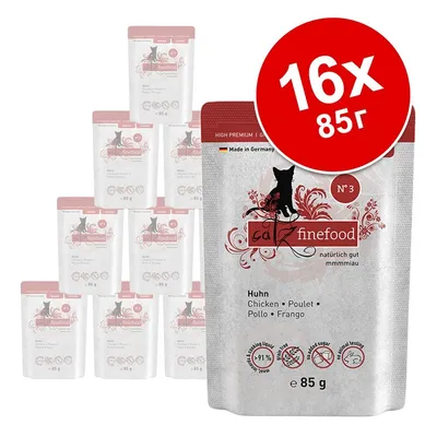 catz finefood №3 пауч за котки, пиле, 16×85 г. Видими икони: без захар, без изкуствени добавки, не е тествано върху животни, 91% месо. Произведено в Германия.