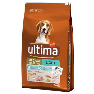 Ultima Medium Maxi Light karma dla psów, 7 kg, z kurczakiem, bez sztucznych barwników i konserwantów, zawiera jęczmień, pszenicę i warzywa.