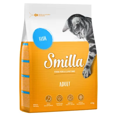 Smilla Adult Fish macskaeledel, 4 kg-os csomag. Látható: márkanév, FISH felirat, piktogramok: magas elfogadottság, taurin, omega zsírsavak, yucca schidigera.