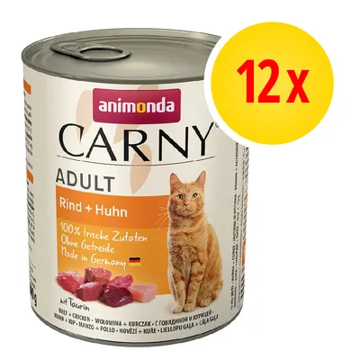 animonda Carny Adult Rind + Huhn, 12 x puszka. Widoczny kot, napis: 100% frische Zutaten, Ohne Getreide, Made in Germany, wołowina i kurczak, z tauryną.