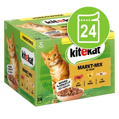 Kitekat Markt-Mix in Gelee, Vorratspack mit 24 Portionen: 12x Rind, 6x Huhn, 6x Lachs. Natural Vitality, 100% komplett.