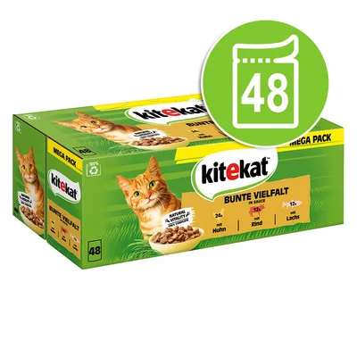 Kitekat Bunte Vielfalt in Sauce, 48-pakning. Indeholder: 24x med kylling, 12x med oksekød, 12x med laks. Tekst: Natural Vitality 100% complete. Mega Pack.