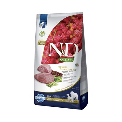 N&D Quinoa Weight Management Adult Dog Medium a Maxi, jahňacie, quinoa, brokolica a špargľa. Farmina Pet Foods. Výživový systém pre mäsožravcov. 7 kg/2,5 kg.