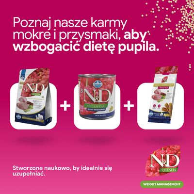 N&D Komosa ryżowa Weight Management sucha karma, mokra karma i przekąska obok siebie. Tekst: Opracowane naukowo, aby idealnie się uzupełniały.