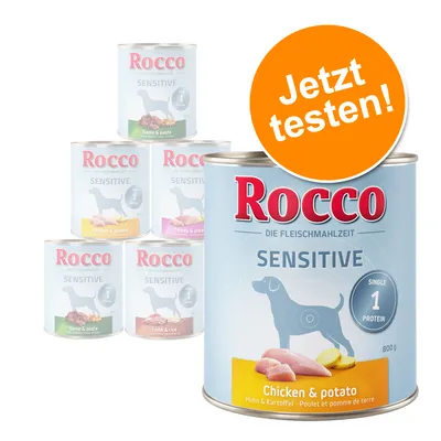 Rocco Sensitive mokra hrana za pse, jedna vrsta proteina, okusi: piletina i krumpir, divljač i tjestenina, puretina i krumpir, janjetina i riža.
