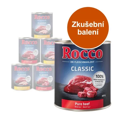 Rocco Classic Pure beef 800 g, nápis Zkušební balení. Viditelné konzervy s texty Beef with chicken a Pure beef, označení 100% fresh ingredients & grain-free.