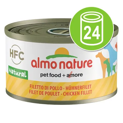 almo nature HFC Natural pet food + amore, filetto di pollo, 24 blikken kipfilet. Tekst op blik in meerdere talen zichtbaar.