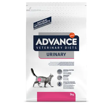 ADVANCE VETERINARY DIETS URINARY, με φυσικά αντιοξειδωτικά, χωρίς τεχνητά συντηρητικά ή χρωστικές. Συσκευασία 3kg με γάτα και εικονίδια για crystallisation inhibitors, urinary dilution, pH.