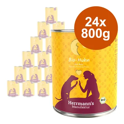 Herrmann's Manufaktur Bio-Huhn mit Reis, balenie 24×800 g. Viditeľný nápis Bio-Huhn mit Reis, Organic chicken with rice, BIO značka na obale.