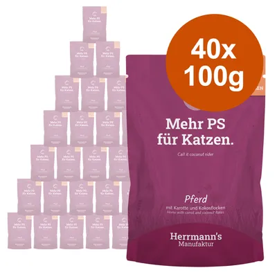 Herrmann's Manufaktur Katzenfutter, Sorte Pferd mit Karotte und Kokosflocken. Packungsgrösse: 40x100g. Text: Mehr PS für Katzen. Herrmann's Manufaktur Katzenfutter, Sorte Pferd mit Karotte und Kokosflocken. Packungsgrösse: 40x100g. Text: Mehr PS für Katzen.