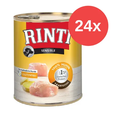 Lata de Rinti Sensible, 100 % Huhn, solo proteína animal, sin gluten, con patata. Texto visible: Für empfindliche Hunde, 24x en círculo rojo.