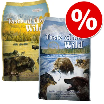 Taste of the Wild – две опаковки суха храна за кучета с видими надписи: High Prairie Canine Formula и Pacific Stream Canine Formula; голям червен символ за процент намаление.