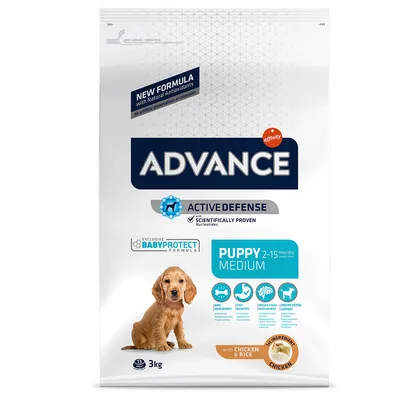ADVANCE Active Defense Puppy Medium 2–15 months, kana & riisi, 3 kg. Pakkauksessa koiranpentu ja tekstit: BabyProtect Formula, New Formula with Natural Antioxidants.