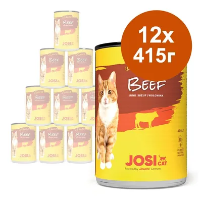 Комплект 12 консерви JosiCat Beef за котки, всяка по 415 г. На етикета има изображение на котка и надпис Beef. Видимо количество: 12x415г.