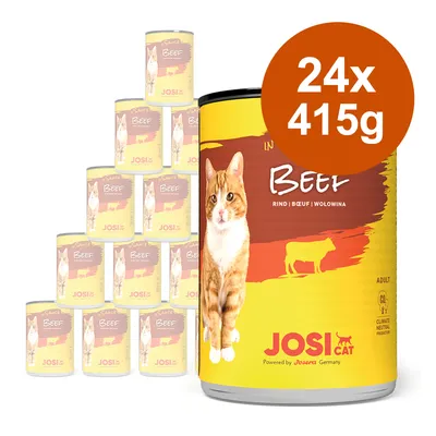 Lot de 24 boîtes JosiCat Sauce Beef pour chat adulte, 415 g chacune. Texte visible : Rind | Bœuf | Wołowina, JosiCat, Powered by Josera Germany, Climate Neutral Production.
