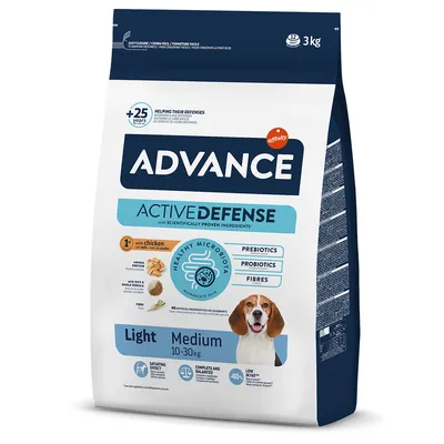 Advance Active Defense Light Medium hrana za pse s piščancem, rižem in vlakninami. Za pse od 10 do 30 kg. Prebiotiki, probiotiki, brez umetnih dodatkov, z nizko vsebnostjo maščob, nasitna.