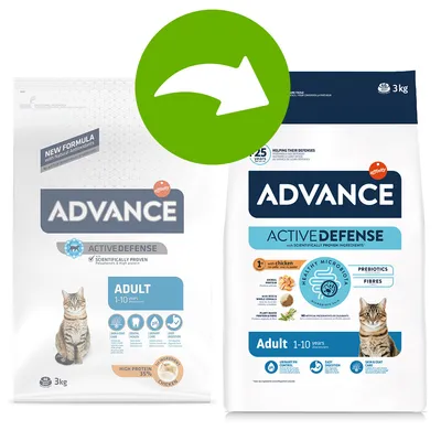 Dve embalaži Advance Active Defense Adult 1–10 years, 3 kg za mačke. Vidna sprememba dizajna embalaže z zeleno puščico med staro in novo vrečko. Dve embalaži Advance Active Defense Adult 1–10 years, 3 kg za mačke. Vidna sprememba dizajna embalaže z zeleno puščico med staro in novo vrečko.