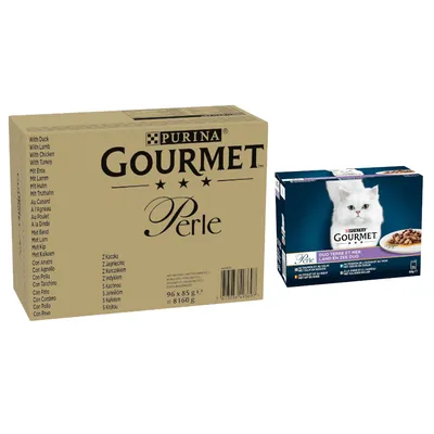 96 x 85 g Gourmet Perle mješov. pakir. + 24 x 85 g Miješani izbor gratis! - Pačetina, janjetina, piletina, puretina u umaku