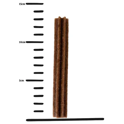 Brauner Snackstab mit einer Länge von ca. 15 cm, dargestellt neben einer Massskala in Zentimetern. Brauner Snackstab mit einer Länge von ca. 15 cm, dargestellt neben einer Massskala in Zentimetern.