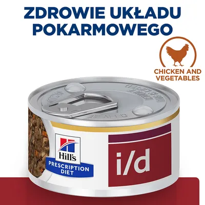 Hill's Prescription Diet i/d, puszka z widocznym napisem 'ZDROWIE UKŁADU POKARMOWEGO', wariant chicken and vegetables, fragment karmy na etykiecie.