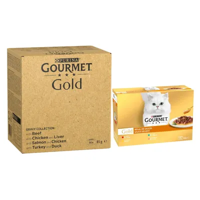Gourmet mokra mačja hrana 96 x 85 g + mokra hrana 24 x 85 g gratis! - Gold Nežni koščki v omaki 96 x 85 g + Gold fini sočni trakci Variante piščanca 24 x 85 g 