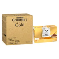 96 x 85 g Jumbopack Gourmet + 24 x 85 g passendes Nassfutter gratis! - 96 x 85 g Gold Zarte Häppchen: Rind, Huhn & Leber, Lachs & Huhn, Truthahn & Ente + 24 x 85 g Gold Saftig-Feine Streifen: Huhn Varianten