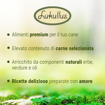 Lukullus. Alimenti premium per il tuo cane. Elevato contenuto di carne selezionata. Arricchito da componenti naturali erbe, verdure e oli. Ricette deliziose preparate con amore.