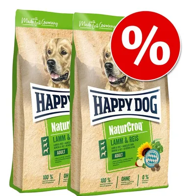 Happy Dog NaturCroq Lamm & Reis Adult kutyatáp csomag, két zsák, piros százalékos akciójelzéssel. Látható: 100 %, OHNE, 0 % feliratok a csomagoláson.