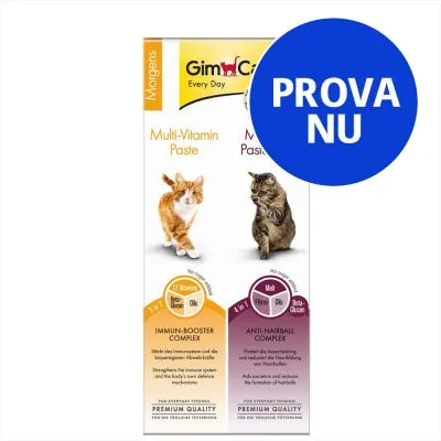 Klickbar knapp med texten PROVA NU över förpackning av GimCat Multi-Vitamin Paste och Anti-Hairball Paste för katter. Synliga produktnamn och bilder på två katter.