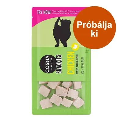 COSMA PURE LOVE SNACKIES CHICKEN, gently freeze-dried, 100% pure meat macskacsemege csomagolás. Próbálja ki felirat narancssárga körben. COSMA PURE LOVE SNACKIES CHICKEN, gently freeze-dried, 100% pure meat macskacsemege csomagolás. Próbálja ki felirat narancssárga körben.