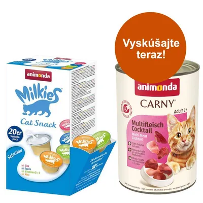 animonda mix balenie: 12 x 400 g Carny Adult + 20 x 15 g Milkies Selection - morčacie, kuracie a krevety + Milkies Snack (4 druhy)