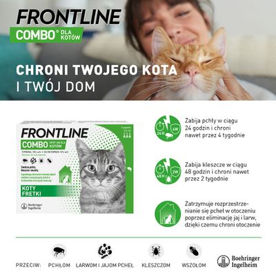 Frontline Combo dla kotów i fretek, opakowanie 3 pipetki. Zabija pchły w 24 h, chroni 4 tygodnie; kleszcze w 48 h, chroni 2 tygodnie. Przeciw: pchłom, larwom, jajom pcheł, kleszczom, wszołom.