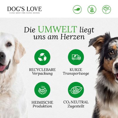 Dog's Love: Die Umwelt liegt uns am Herzen. Recycelbare Verpackung, kurze Transportwege, heimische Produktion, CO2-neutral zugestellt.