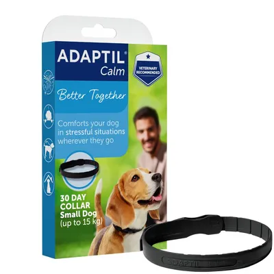 Adaptil Calm 30 day collar for small dogs up to 15 kg. Comforts your dog in stressful situations wherever they go. Veterinary recommended. Packaging and black collar shown.