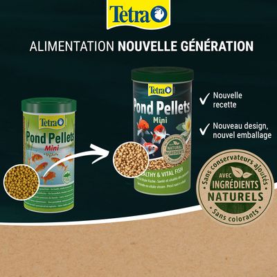 Tetra Pond Pellets Mini avec un nouveau design et une nouvelle recette, désormais avec des ingrédients naturels, sans conservateurs ni colorants ajoutés. Nouveau nom : Healthy & Vital Fish.