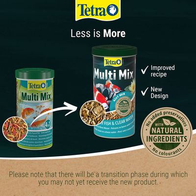 Tetra Multi Mix fish food old and new packaging, text: Less is More, Improved recipe, New Design, With natural ingredients, No added preservatives, No colourants. 4 in 1 mix visible.