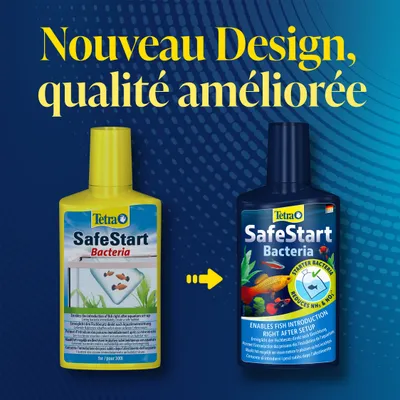 Tetra SafeStart Bactéries : comparaison de l'ancien et du nouveau design de flacon avec une qualité améliorée, permet l'introduction des poissons directement après l'installation de l'aquarium. Tetra SafeStart Bactéries : comparaison de l'ancien et du nouveau design de flacon avec une qualité améliorée, permet l'introduction des poissons directement après l'installation de l'aquarium.