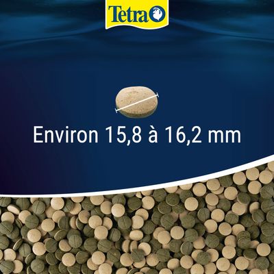 Comprimés Tetra d’un diamètre d’environ 15,8 à 16,2 mm, vue du comprimé et indication de la mesure visibles.
