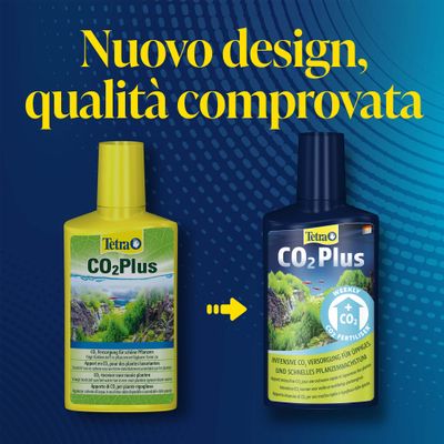 Tetra CO2 Plus bottiglia nel vecchio e nuovo design. Testo: CO2 intenso, fornitura per una crescita rigogliosa e rapida delle piante. Fertilizzante settimanale di CO2.