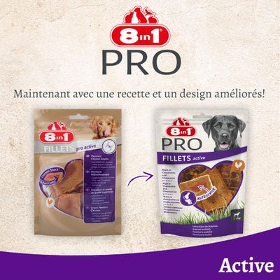 8 in 1 FILETS pro active, friandises au poulet de qualité supérieure, enrichies en glucosamine et chondroïtine, favorise la mobilité. Chicken Snack #Nutri-Center visible sur l’emballage.