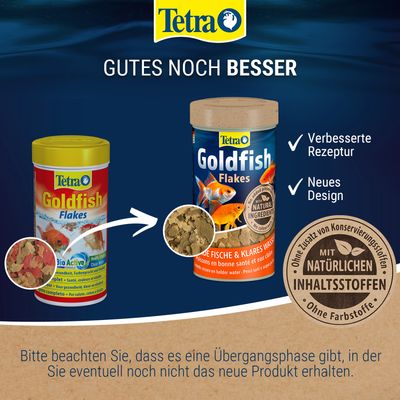 Tetra Goldfish Flakes mit verbessertem Rezept und neuem Design. Mit natürlichen Inhaltsstoffen, ohne Konservierungsstoffe und Farbstoffe. Hinweis: Übergangsphase zu neuem Produkt.